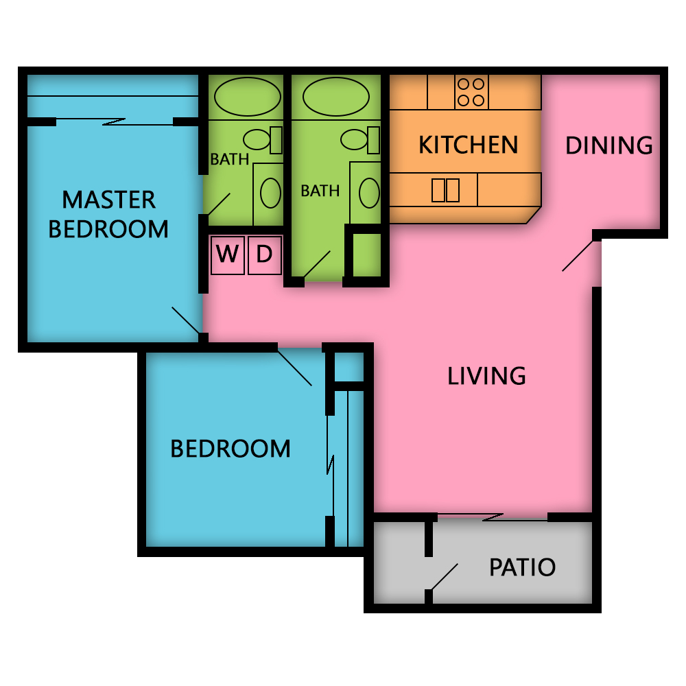 THE OAHU of Silver Palms Apartments This image is the visual schematic floorplan representation of THE OAHU at Silver Palms Apartments.